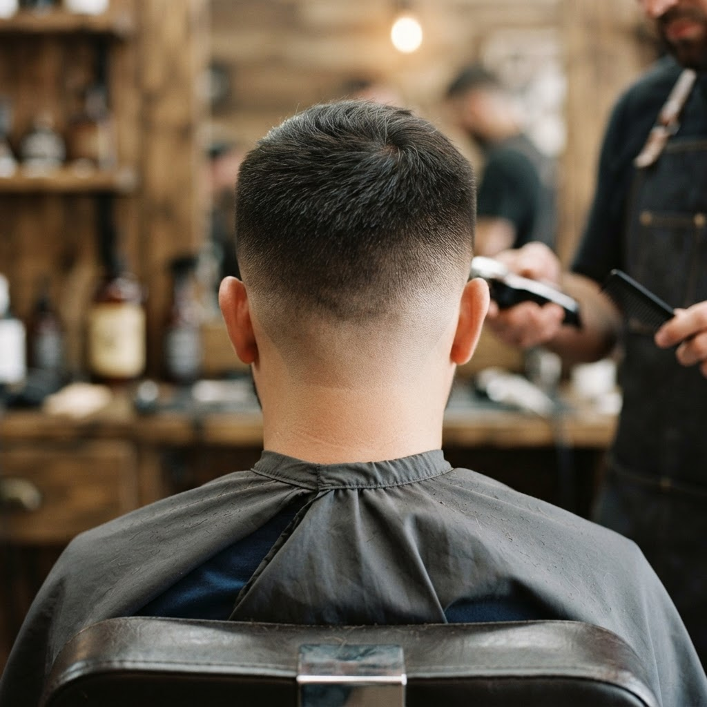 Close-up of a back and sides haircut maintenance trim, no face visible