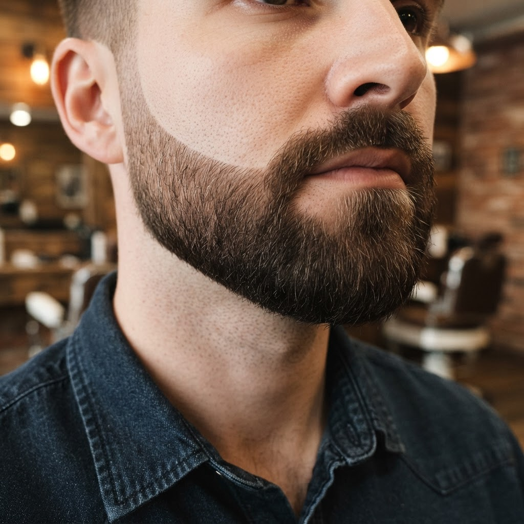 Neatly trimmed and shaped beard, cropped below the eyes