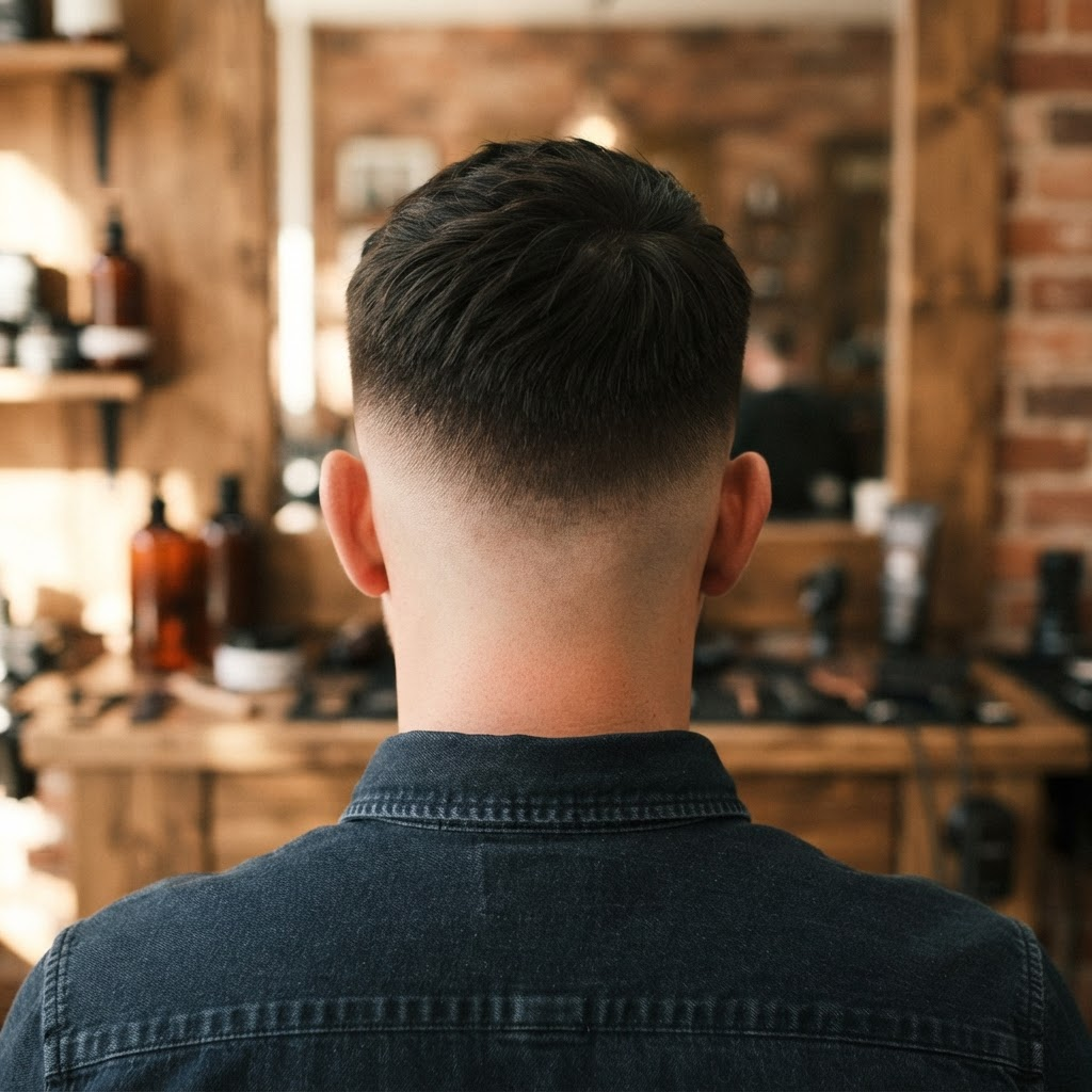 Classic fade haircut blended through the sides, viewed from behind, no face visible
