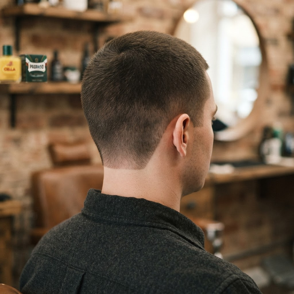 Short clipper haircut with a tidy, even finish, no face visible