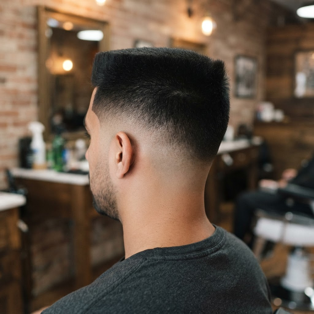 Flat top haircut with precise, level lines, viewed from the side, no face visible