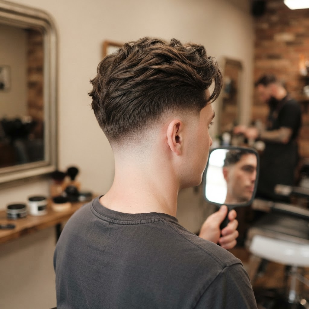 Men's haircut restyle with a changed shape and texture, no face visible