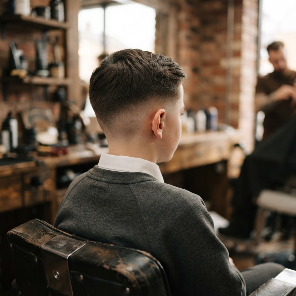 Fresh short haircut suited to a school student, viewed from behind, no face visible