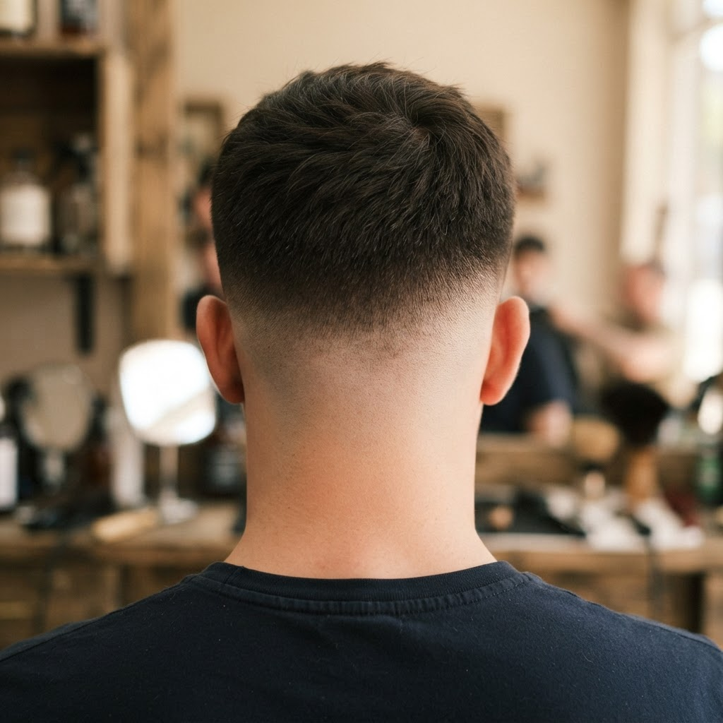 Close crop of a skin fade haircut with a clean, sharp neckline, no face visible