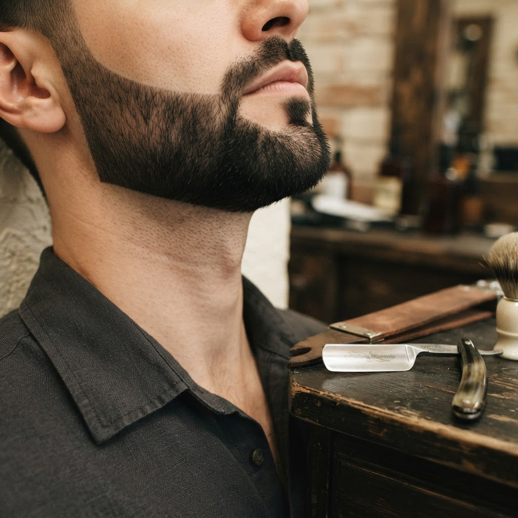 Neatly shaped beard viewed from below the nose down, no face visible