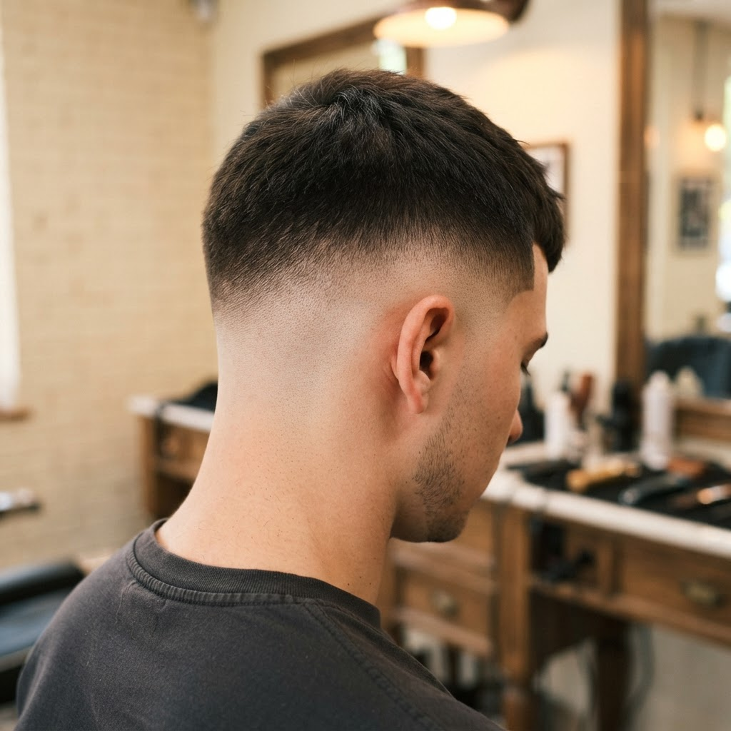 Close view of a skin fade haircut blended from the side and back, no face visible