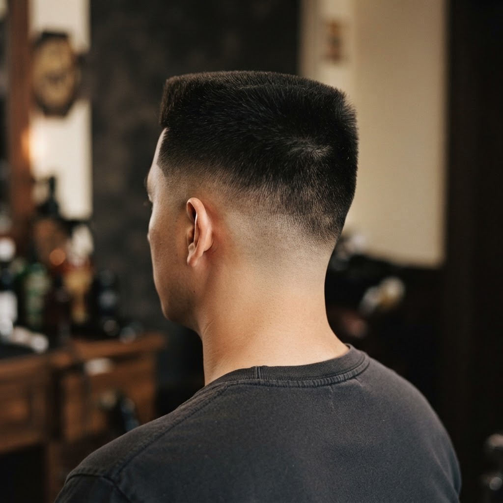 Flat top haircut silhouette with sharp, level lines, no face visible